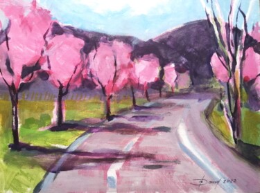 Malarstwo zatytułowany „Almond blossom fest…” autorstwa Olga David, Oryginalna praca, Akryl Zamontowany na Karton