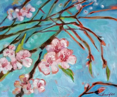 Картина под названием "Fleur d'amandier -…" - Olga David, Подлинное произведение искусства, Масло Установлен на Деревянная п…