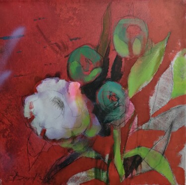 Painting titled "Pivoines blanches" by Olga David, Original Artwork, Acrylic Mounted on Wood Stretcher frame