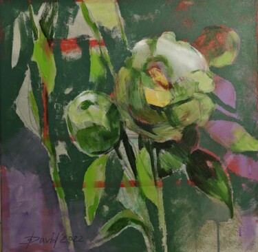 Malerei mit dem Titel "Pivoines dans le ja…" von Olga David, Original-Kunstwerk, Acryl Auf Keilrahmen aus Holz montiert