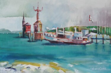 Painting titled "Port Konstanz" by Olga David, Original Artwork, Acrylic Mounted on Wood Stretcher frame