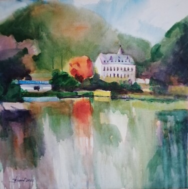 Painting titled "Hôtel au bord du la…" by Olga David, Original Artwork, Acrylic Mounted on Wood Stretcher frame