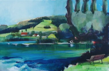 Картина под названием "Paysage - Rhin en T…" - Olga David, Подлинное произведение искусства, Акрил Установлен на Деревянная…