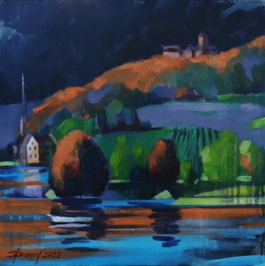 Painting titled "Stein am Rhein - La…" by Olga David, Original Artwork, Acrylic Mounted on Wood Stretcher frame