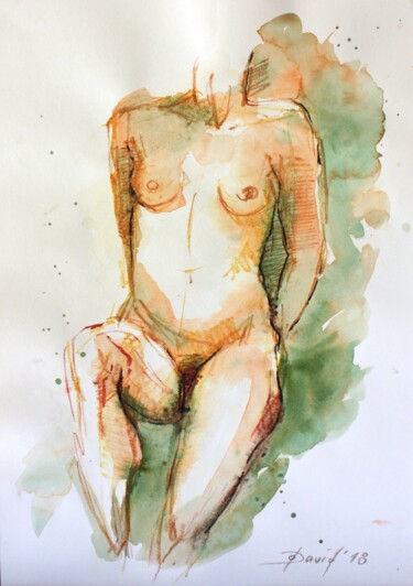 Dessin intitulée "Aktstudie 1018 sitz…" par Olga David, Œuvre d'art originale, Aquarelle