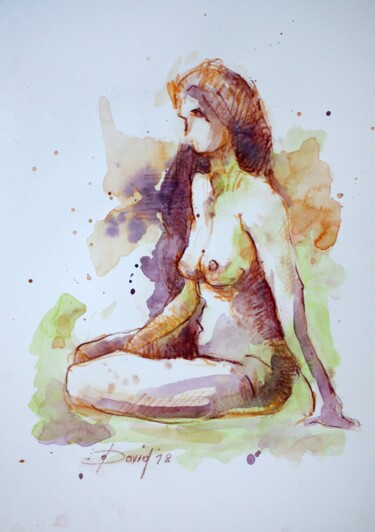 Desenho intitulada "Akt 857 sitzender F…" por Olga David, Obras de arte originais, Aquarela