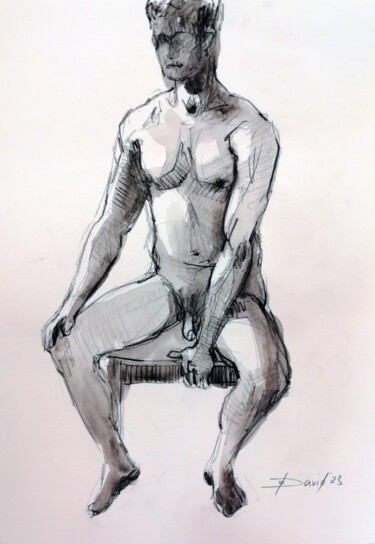 Malerei mit dem Titel "Sitzender Männerakt…" von Olga David, Original-Kunstwerk, Aquarell