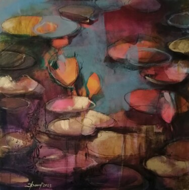 Painting titled "Abend am Teich" by Olga David, Original Artwork, Acrylic Mounted on Wood Stretcher frame