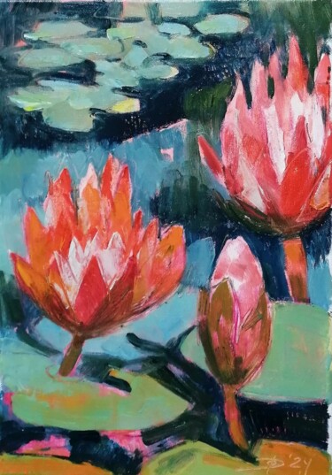 Painting titled "Midday at the pond" by Olga David, Original Artwork, Oil Mounted on Wood Stretcher frame