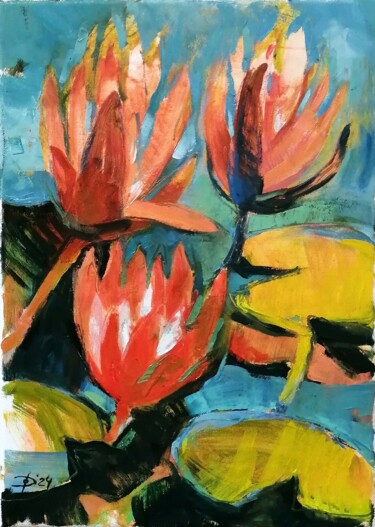 Painting titled "Pink water lily" by Olga David, Original Artwork, Oil Mounted on Wood Stretcher frame