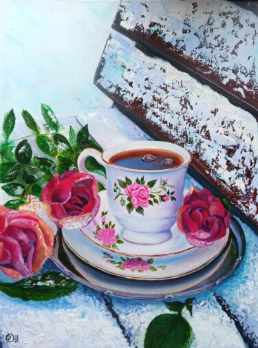 Painting titled "roses flowers" by Olga Dmitrieva, Original Artwork, Oil Mounted on Wood Stretcher frame