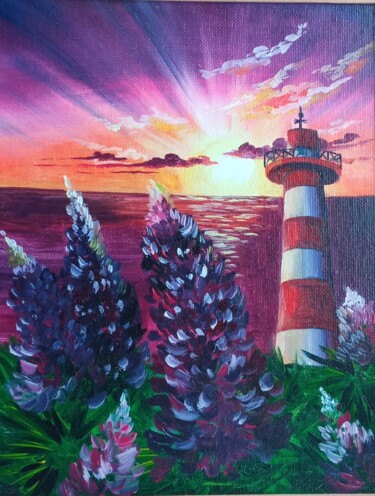 Painting titled "lighthouse sea suns…" by Olga Dmitrieva, Original Artwork, Oil Mounted on Cardboard