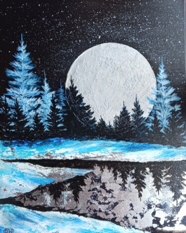 Painting titled "Moonlight night tex…" by Olga Dmitrieva, Original Artwork, Acrylic Mounted on Wood Stretcher frame