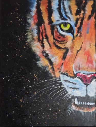 Painting titled "Tiger" by Olga Dmitrieva, Original Artwork, Acrylic Mounted on Wood Stretcher frame