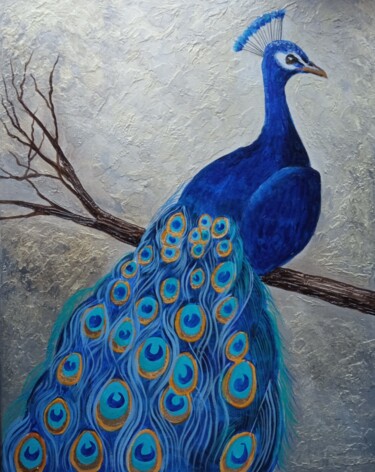 Painting titled "Peacock" by Olga Dmitrieva, Original Artwork, Acrylic Mounted on Wood Stretcher frame