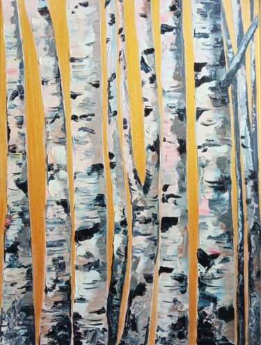 Painting titled "birch abstraction" by Olga Dmitrieva, Original Artwork, Oil Mounted on Wood Stretcher frame
