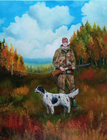 Painting titled "Hunter with dog Aut…" by Olga Dmitrieva, Original Artwork, Oil Mounted on Wood Stretcher frame
