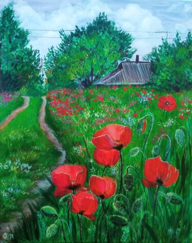 Painting titled "flowers Red poppies" by Olga Dmitrieva, Original Artwork, Acrylic Mounted on Wood Stretcher frame