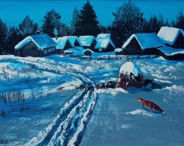 Painting titled "Russian Winter vill…" by Olga Dmitrieva, Original Artwork, Oil Mounted on Wood Stretcher frame