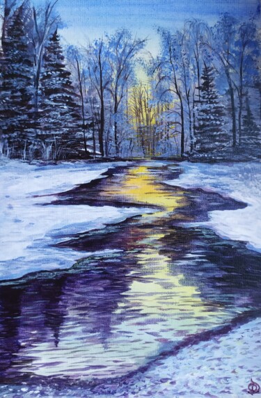 Painting titled "Winter river" by Olga Dmitrieva, Original Artwork, Acrylic Mounted on Cardboard
