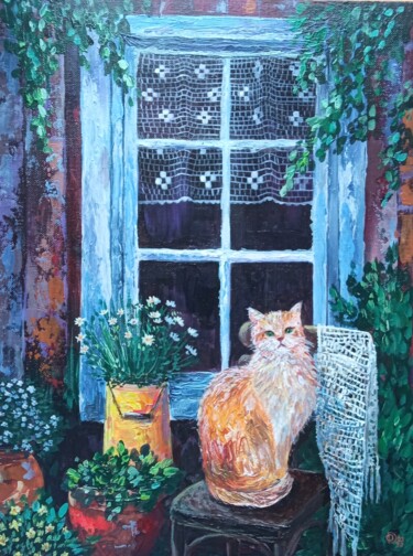 Painting titled "Cat in the country…" by Olga Dmitrieva, Original Artwork, Acrylic Mounted on Cardboard
