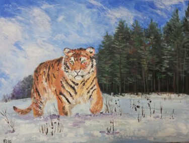 Painting titled "tiger winter acryli…" by Olga Dmitrieva, Original Artwork, Acrylic Mounted on Cardboard