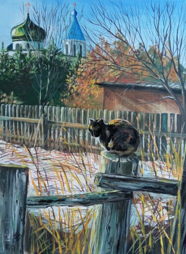 Painting titled "Cat spring landscape" by Olga Dmitrieva, Original Artwork, Acrylic Mounted on Cardboard