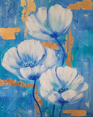 Malarstwo zatytułowany „white flowers poppi…” autorstwa Olga Dmitrieva, Oryginalna praca, Akryl Zamontowany na Drewniana ram…