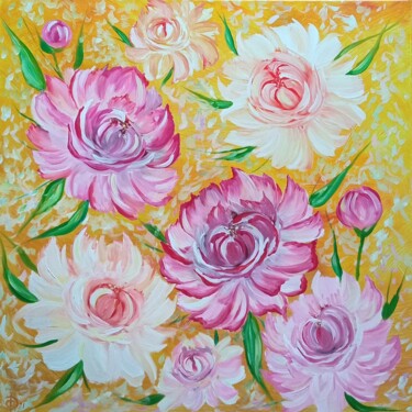 Painting titled "picture with peonies" by Olga Dmitrieva, Original Artwork, Oil Mounted on Wood Stretcher frame