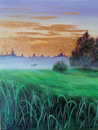Картина под названием "Landscape Horse in…" - Olga Dmitrieva, Подлинное произведение искусства, Акрил Установлен на картон