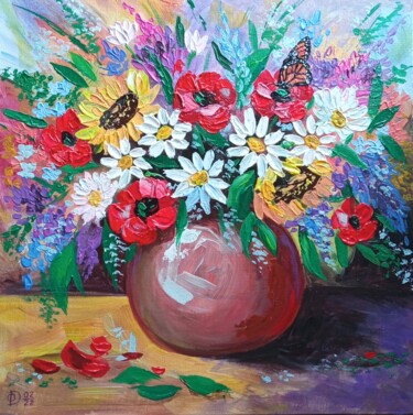 Schilderij getiteld "Wildflowers Flowers…" door Olga Dmitrieva, Origineel Kunstwerk, Acryl Gemonteerd op Karton