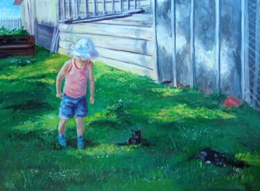 Painting titled "child and kittens" by Olga Dmitrieva, Original Artwork, Acrylic Mounted on Cardboard