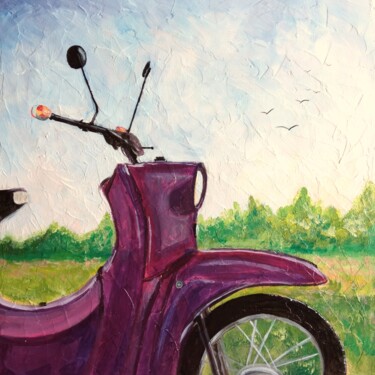 Painting titled "Scooter summer land…" by Olga Dmitrieva, Original Artwork, Acrylic Mounted on Cardboard