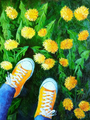 Картина под названием "dandelions oil pain…" - Olga Dmitrieva, Подлинное произведение искусства, Масло Установлен на картон