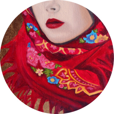 Painting titled "The girl in the red…" by Olga Dmitrieva, Original Artwork, Oil Mounted on Other rigid panel