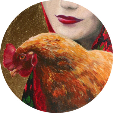 Painting titled "girl and chicken /…" by Olga Dmitrieva, Original Artwork, Oil Mounted on Other rigid panel