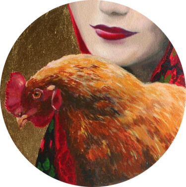 Pittura intitolato "girl and chicken /…" da Olga Dmitrieva, Opera d'arte originale, Olio Montato su Altro pannello rigido