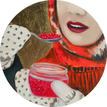 Картина под названием "The girl with red c…" - Olga Dmitrieva, Подлинное произведение искусства, Масло Установлен на Деревян…