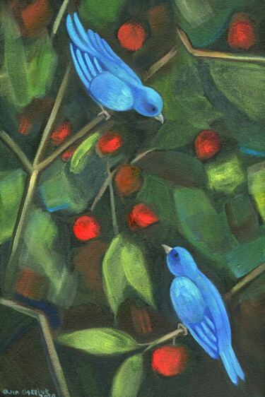 Schilderij getiteld "Two Birds In The Ga…" door Olga Gordiiuk, Origineel Kunstwerk, Olie
