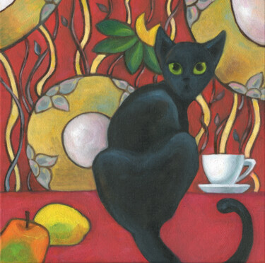 Painting titled "Mystic Black Cat" by Olga Gordiiuk, Original Artwork, Oil