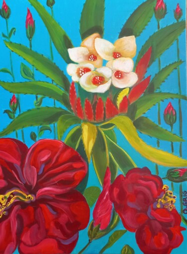 Schilderij getiteld "Hawaii bloemen" door Olga Grig, Origineel Kunstwerk, Acryl