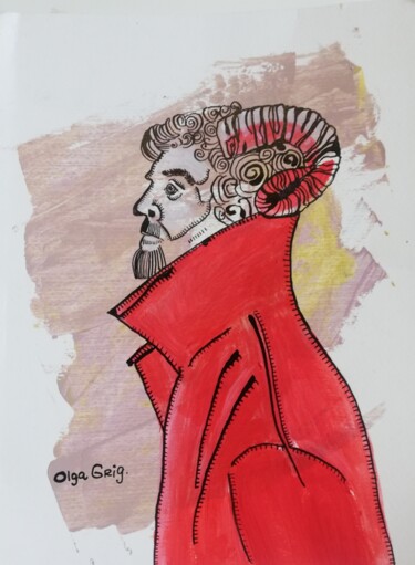 Drawing titled "Man in rood" by Olga Grig, Original Artwork, Ink