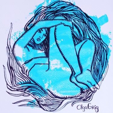 Desenho intitulada "Blauwe belofte op t…" por Olga Grig, Obras de arte originais, Tinta