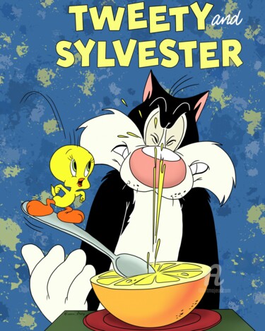 Arte digitale intitolato "Tweety and Sylvester" da Olga Guseva, Opera d'arte originale, Lavoro digitale 2D