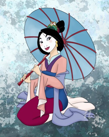 Digital Arts titled "Mulan Geisha" by Olga Guseva, Original Artwork, 2D Digital Work Mounted on Wood Panel