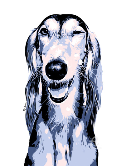 Digital Arts titled "Winking dog" by Olga Guseva, Original Artwork, Digital Print Mounted on Wood Panel