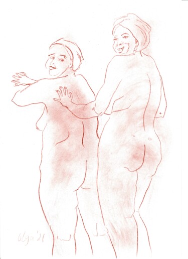 Рисунок под названием "Two nude women n2" - Olga Ivanova, Подлинное произведение искусства, Карандаш