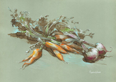 Картина под названием "Fresh carrots and b…" - Olga Kamieshkova, Подлинное произведение искусства, Чернила