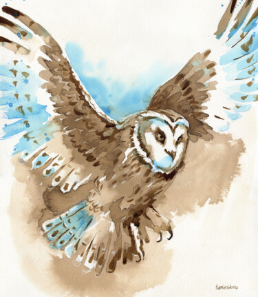 Pintura titulada "Owl flying watercol…" por Olga Kamieshkova, Obra de arte original, Acuarela