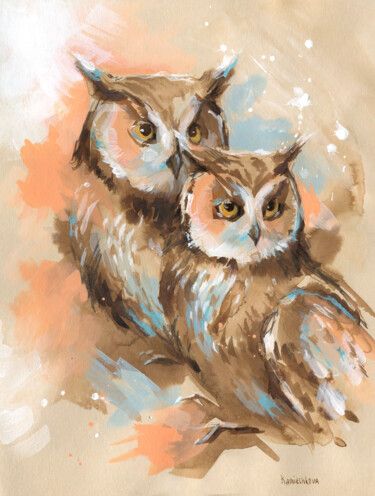 「Two owls sitting, a…」というタイトルの絵画 Olga Kamieshkovaによって, オリジナルのアートワーク, アクリル